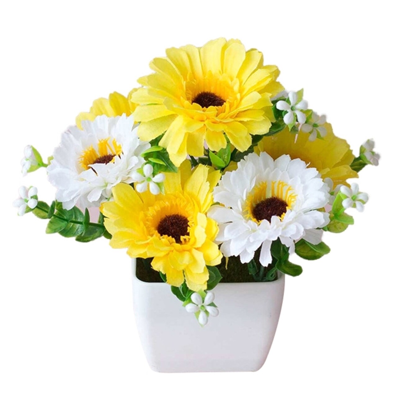 Artificial Chrysanthemum Flower Gypsophila Wood Pot Bonsai Garden